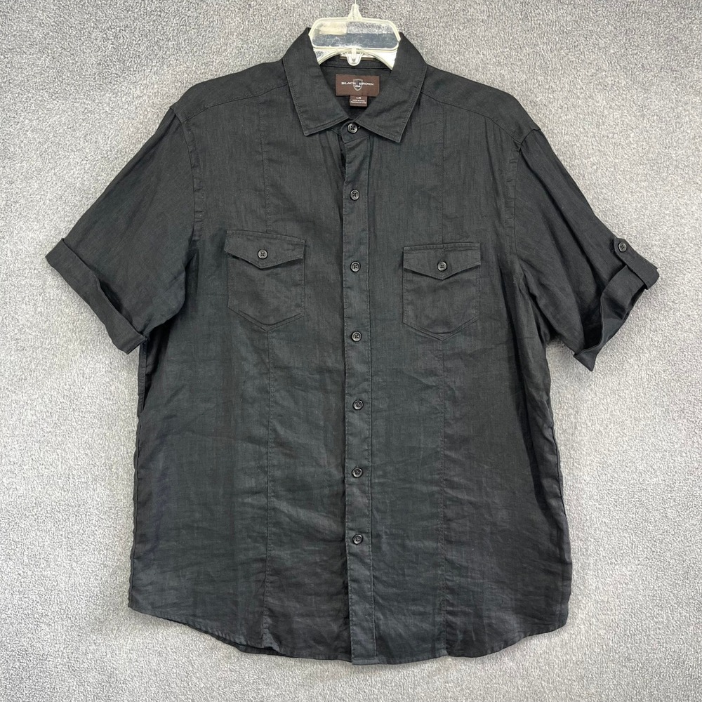 Black Brown 1826 Button Up Shirt Mens Large L Black Linen Short Sleeve